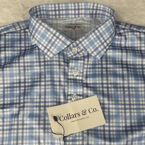 Collars and Co Men Dress Collar Stretch Polo Size L Sea Island Blue Purple Plaid